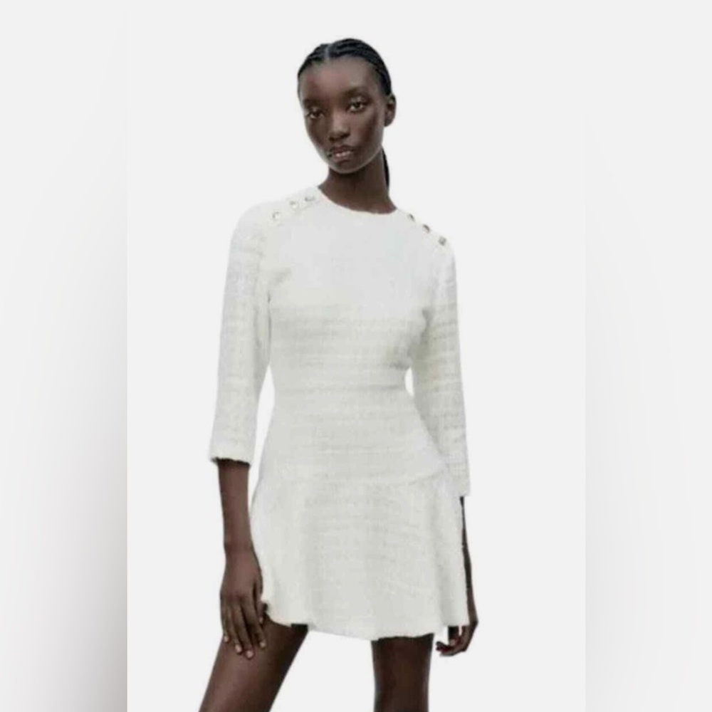 Zara tweed 3/4 sleeves gold buttons ruffled mini dress